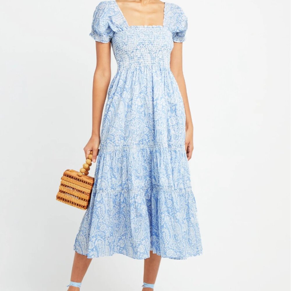 o.p.t Square Neck Smocked Maxi Dress Blue Paisley - Size XS